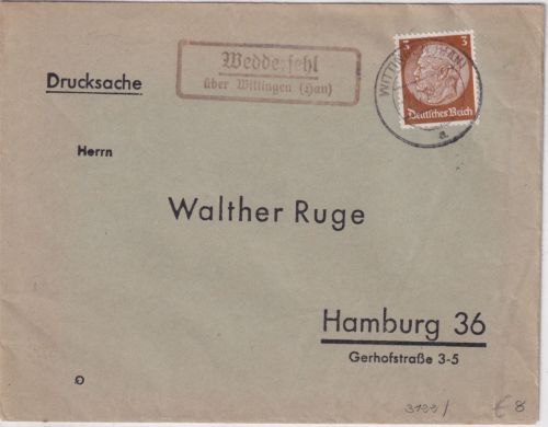 DR - Weddersehl ü. Wittingen (Han) Landpost-Ra2 Drucksache n. Hamburg 1938