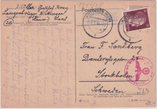 DR - Langenbrügge ü. Wittingen (Han.) Landpost-Ra2 Zensurkarte n. SCHWEDEN 1944