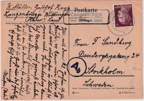 DR - Langenbrügge ü. Wittingen (Han.) Landpost-Ra2 Zensurkarte n. SCHWEDEN 1943