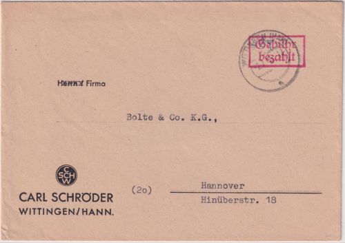 All.Bes. - Wittingen 2.7.45 Gebühr bezahlt roter Ra2 Brief n. Hannover