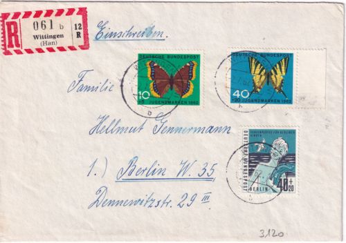 BRD - 40 Pfg. Wofa/Schmetterlin u.a. Einschreibebrief Wittingen - Berlin 1962