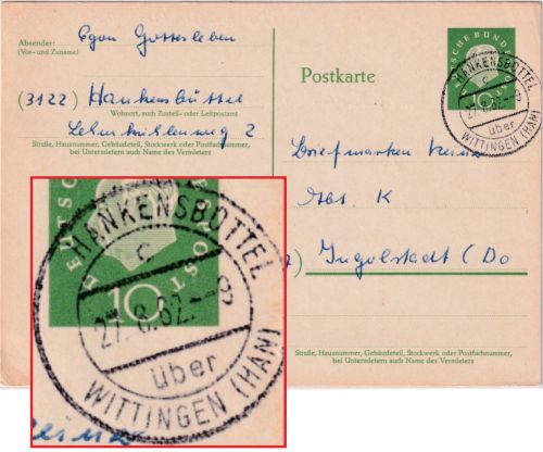 BRD - Hankenbüttel ü. Wittingen apt. Poststelle I Ganzsache n. Ingolstadt 1962