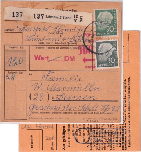 BRD - Brünckendorf ü. Lüchow apt. Landpost-Ra2 Paketkarte n. Bremen 1962