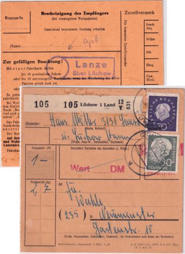 BRD - Lanze ü. Lüchow apt. Landpost-Ra2 Paketkarte n. Neumünster 1962