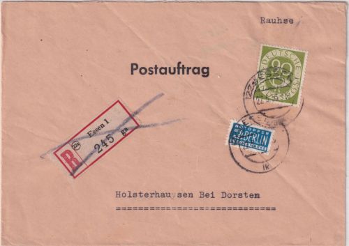 BRD - 90 Pfg. Posthorn Einschreibebrief/Postauftrag Essen - Holsterhausen 1953