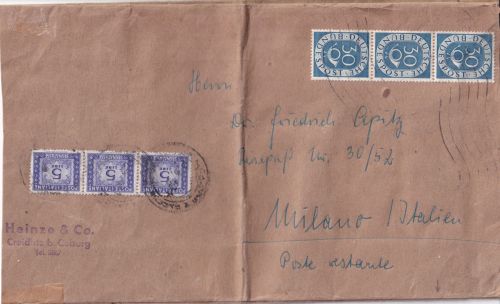 BRD - 3x30 Pfg. Posthorn Brief (61-80g) n. ITALIEN/postlagernd Creidlitz1952