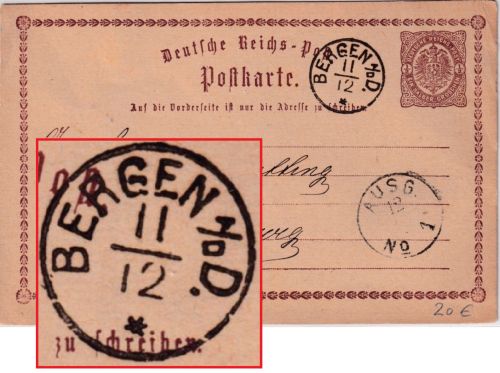 DR - Bergen a/d D. 11/12 Fingerhut-K1 1/2 Gr. Brustschild Ganzsache 1874