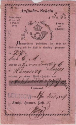 Hannover - Lüchow blauer L1 rosa Aufgabeschein Fahrpostsendung/Wertpaket 1859