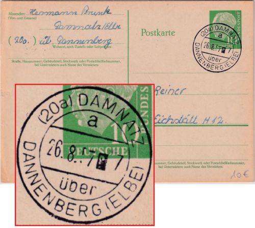 BRD - (20) Damnatz ü. Danneberg (Elbe) Poststelle I Ganzsache n. Eichstätt 1957