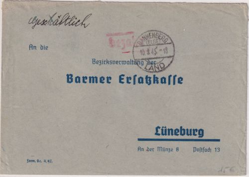 All.Bes. - Danneberg (Elbe) Land 10.8.45 "bezahlt" roter L1 Brief n. Lüneburg