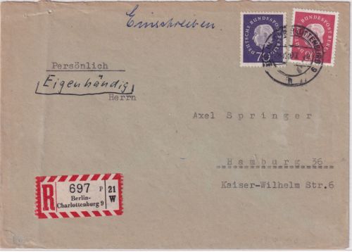 Berlin - 70+20 Pfg. Heuss Med. Einschreibebrief-Eigenhändig Berlin Hamburg 1960
