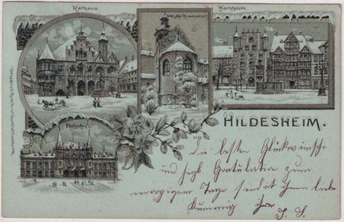 Niedersachsen - Hildesheim Bahnhof etc. Mehrbild-Winter-Mondscheinlitho 1901