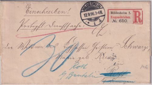 DR - Hildesheim 1896 portopfl. Dienstsache/Einschreiben n. Rott - Nachporto