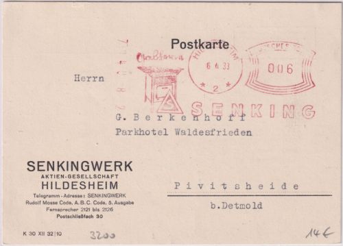 DR - Hildesheim 1933 6 Pfg. Komusina-AFS Fa. Senking Karte n. Pivitsheide