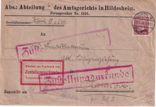 DR - 60 Pfg. Stephan/Dienst Zustellurkunde Hildesheim - Hannover 1928
