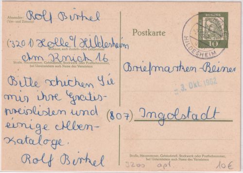 BRD - Holle ü. Hildesheim Poststelle I apt. Stpl. Ganzsache n. Ingolstadt 1962