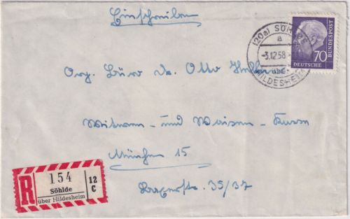 BRD - (20a) Söhlde ü. Hildesheim Poststelle I Einschreibebrief n. München 1958