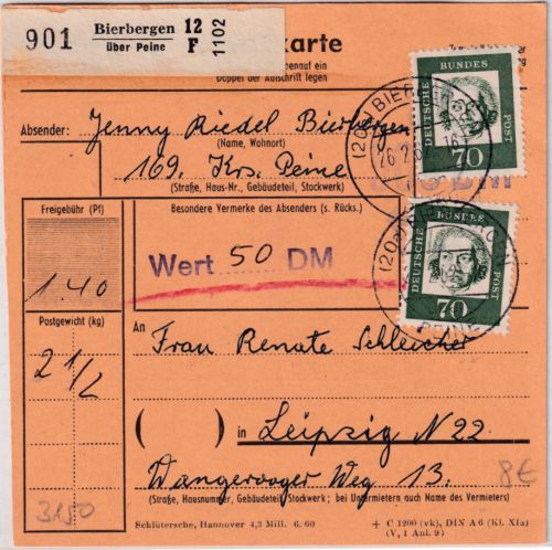 BRD - Bierbergen ü. Peine Poststelle I Paketkarte n. Leipzig 1962