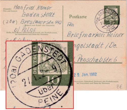 BRD - (20a= Gadenstedt ü. Peine apt. Poststelle I Ganzsache n. Ingolstadt 1962