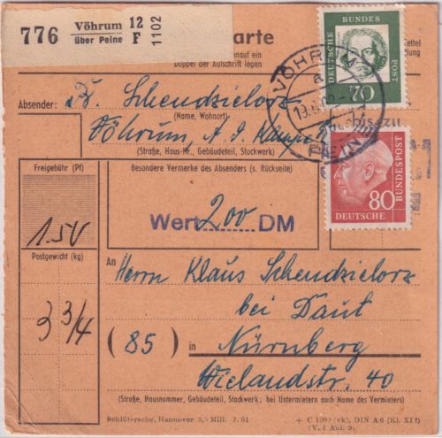 BRD - Vöhrum ü. Peine Poststelle I Paketkarte n. Nürnberg 1962