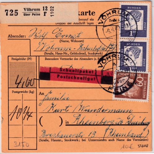 BRD - Vöhrum ü. Peine Poststelle I Schnellpaketkarte n. Rheinberg 1962