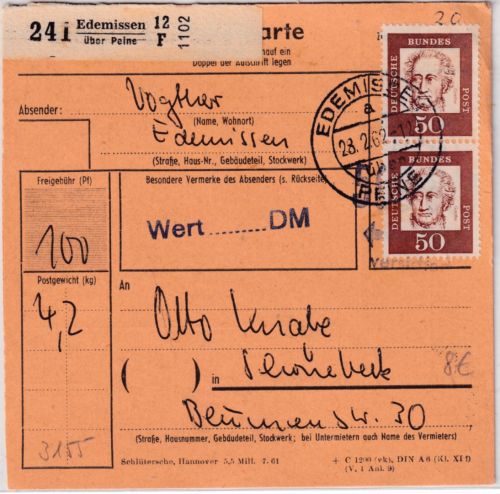 BRD - Edemissen ü. Peine Poststelle I Paketkarte n. Schönebeck 1962