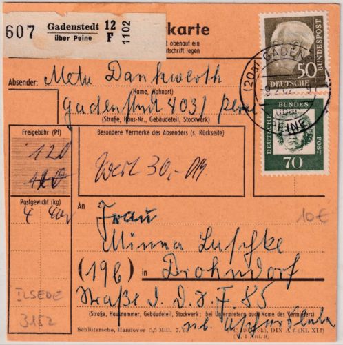 BRD - Gadenstedt ü. Peine Poststelle I Paketkarte n. Drohndorf 1962
