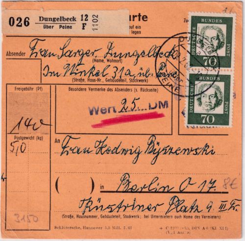 BRD - Dungelbeck ü. Peine Poststelle I Paketkarte n. Berlin 1962