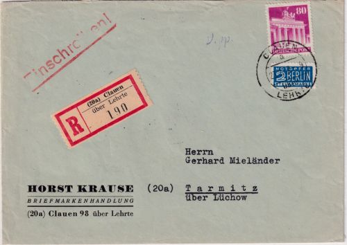 Bizone - 80 Pfg Bauten Einschreibebrief Clauen ü. Lehrte - Tarmitz ü Lüchow 1952