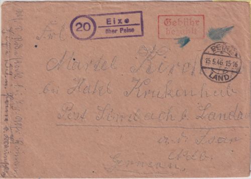 All.Bes. - (20) Eixe ü. Peine Landpost-Ra2 Gebühr bezahlt Brief 15.5.46