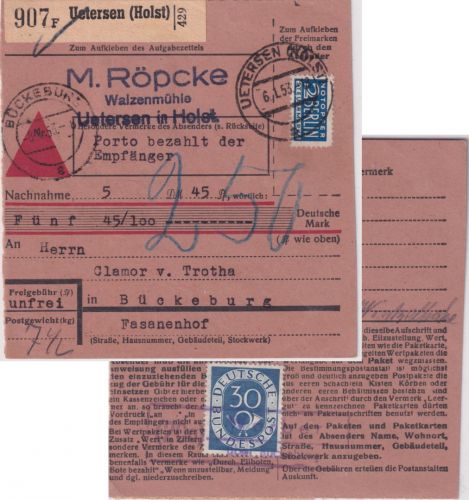 BRD - 30 Pfg. Posthorn Aushändigungsgebühr a. unfreier Nachnahme-Paketkarte 1953