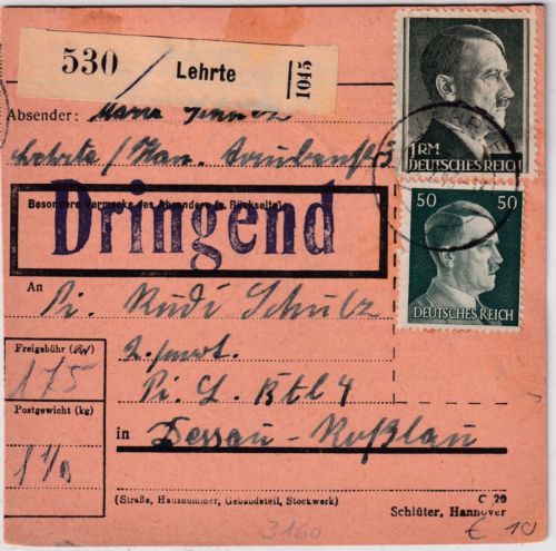 DR - 1 RM AH ua. Dringend-Paketkarte Lehrte - Dessau-Roßlau (Pionierschule) 1943