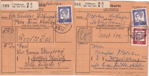 BRD - 20a/3211 Wülfingen ü. Elze (Han) 2 Paketkarten n. Cottbus/Vogelsang 1962