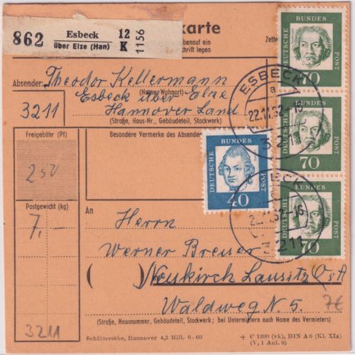 BRD - 3x70+40 Pfg. Bed. Deutsche Paketkarte Esbeck ü. Elze - Neukirch 1962