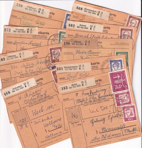 BRD - 9 versch. Poststellen I über Elze (Han) - 9 Paketkarten 1962