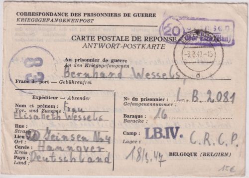All.Bes. - (20) Jeinsen ü. Elze (Han) Landpost-Ra2 Kriegsgefangenenkarte 1947