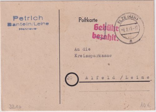 All.Bes. - Elze (Han) 9.8.45 Gebühr bezahlt roter L2 Trauerdrucksache n. Alfeld