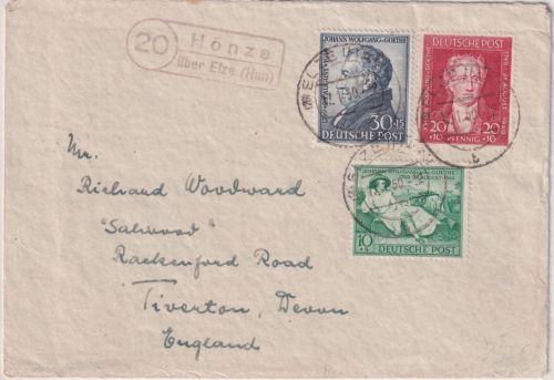 Bizone - 200. Geb. Goethe Satzbrief n. ENGLAND Hönze ü. Elze Landpost-Ra2 1950