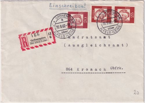 BRD - Grünenplan ü. Alfeld (Leine) Poststelle I Einschreibebrief n. Kronach 1962