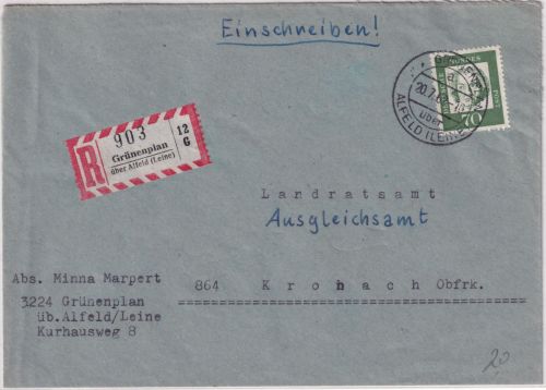 BRD - Grünenplan ü. Alfeld (Leine) Poststelle I Einschreibebrief n. Kronach 1962