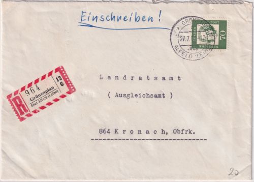 BRD - Grünenplan ü. Alfeld (Leine) Poststelle I Einschreibebrief n. Kronach 1962