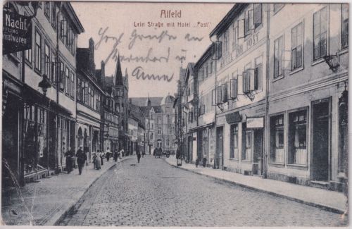 Niedersachsen - Alfeld Lein-Straße m. Hotel Post sw-AK gelaufen 1921