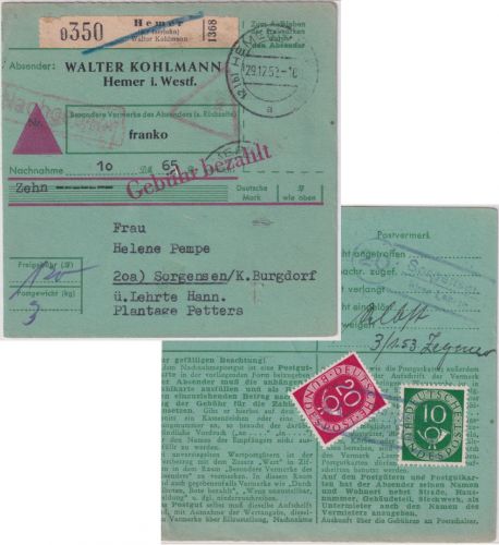 BRD - 20+10 Pfg Posthorn Aushändigungsgebühr Nachnahme-Paketkarte Hemer 1953