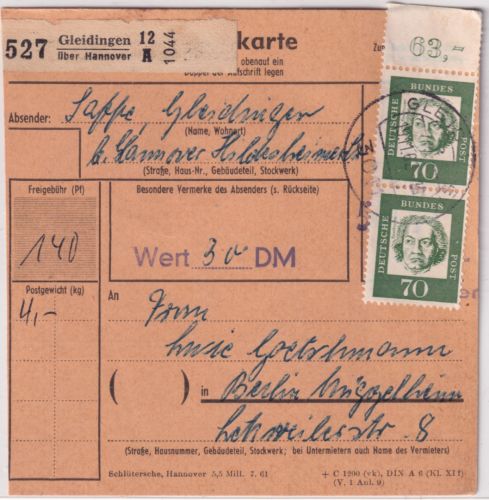 BRD - 70 Pfg. Bed. Deutsche Paketkarte Gleidingen ü. Hannover - Berlin 1962