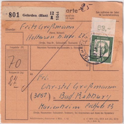 BRD - 70 Pfg. Bed. Deutsche OBERRAND Paketkarte Gehrden - Bad Rehburg 1962