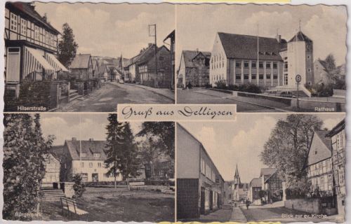Niedersachsen - Delligsen Hilserstraße Rathaus etc. sw-Mehrbild-Foto-AK ca. 1955