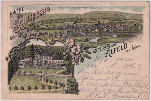 Niedersachsen - Alfeld Hotel Schlehberg farb. Mehrbilflitho gelaufen 1900