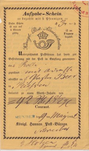 Hannover - Münder blauer L1 gelber Aufgabeschein f. Fahrpostsendung 1862