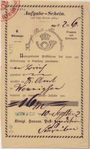 Hannover - Münder blauer L1 gelber Aufgabeschein f. Fahrpostsendung 1852