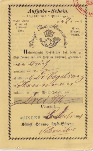 Hannover - Münder blauer L1 gelber Aufgabeschein f. Fahrpostsendung 1861